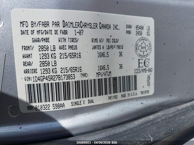 Продаж на аукціоні авто 2007 Dodge Caravan Sxt, vin: 1D4GP45R27B173853, номер лоту: 30086803