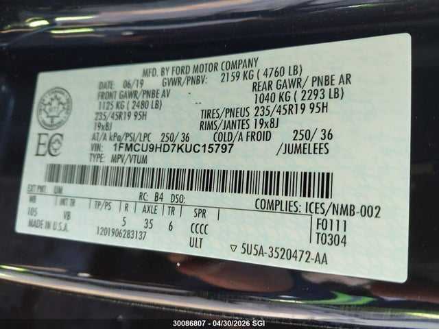 Продаж на аукціоні авто 2019 Ford Escape Sel, vin: 1FMCU9HD7KUC15797, номер лоту: 30086807