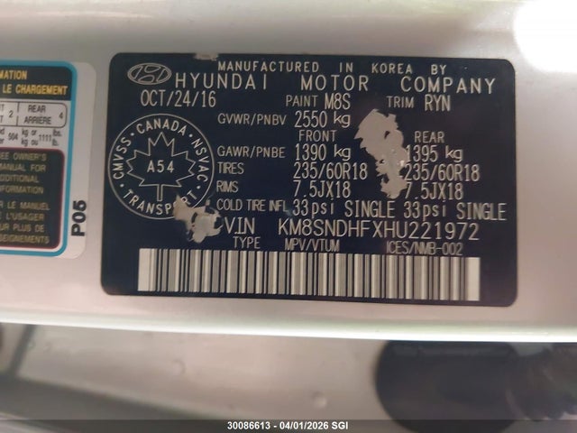 KM8SNDHFXHU221972 Hyundai Santa Fe Se/limited