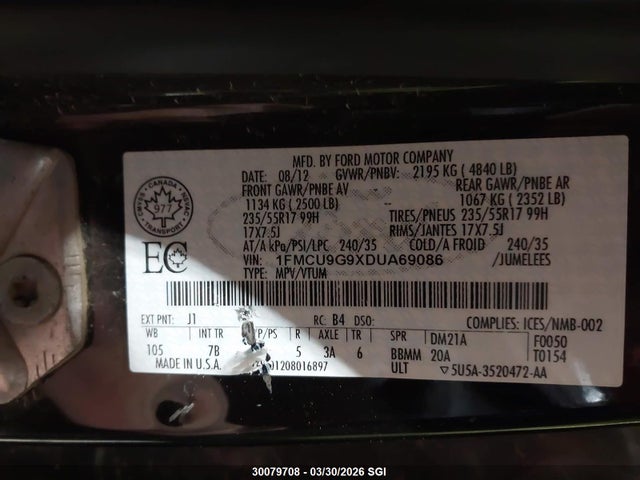 30079708 :رقم المزاد ، 1FMCU9G9XDUA69086 vin ، 2013 Ford Escape Se مزاد بيع