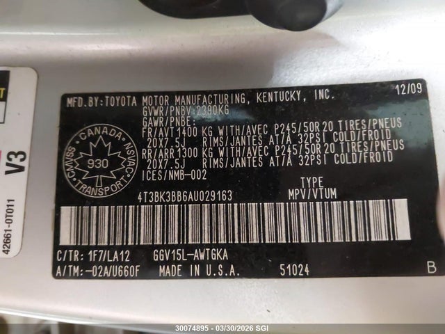 30074895 :رقم المزاد ، 4T3BK3BB6AU029163 vin ، 2010 Toyota Venza Base V6 مزاد بيع