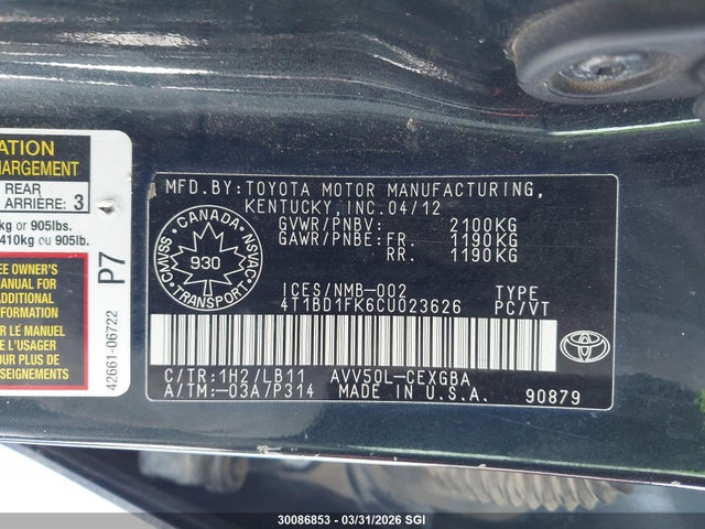 Aukcja sprzedaży 2012 Toyota Camry Hybrid/le/xle, vin: 4T1BD1FK6CU023626, numer aukcji: 30086853