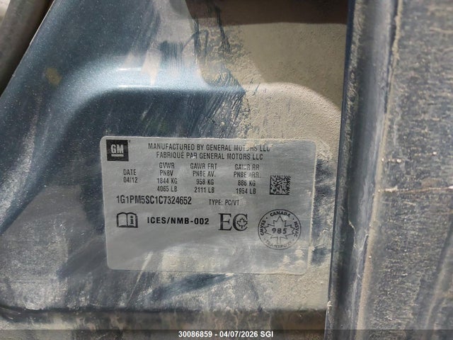 30086859 :رقم المزاد ، 1G1PM5SC1C7324652 vin ، 2012 Chevrolet Cruze Lt مزاد بيع