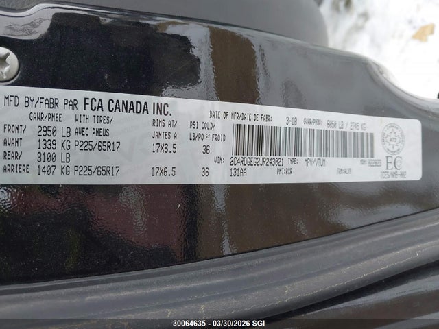 Aukcja sprzedaży 2018 Dodge Grand Caravan Gt, vin: 2C4RDGEG2JR243021, numer aukcji: 30064635