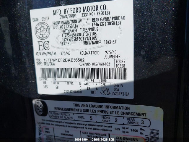2013 Ford F150 Supercrew მანქანა იყიდება აუქციონზე, vin: 1FTFW1EF2DKE36502, აუქციონის ნომერი: 30086904