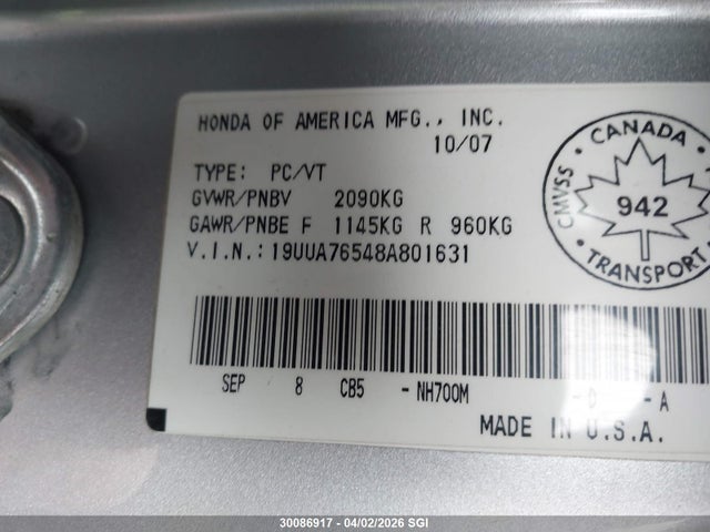 Aukcja sprzedaży 2008 Acura Tl Type S, vin: 19UUA76548A801631, numer aukcji: 30086917