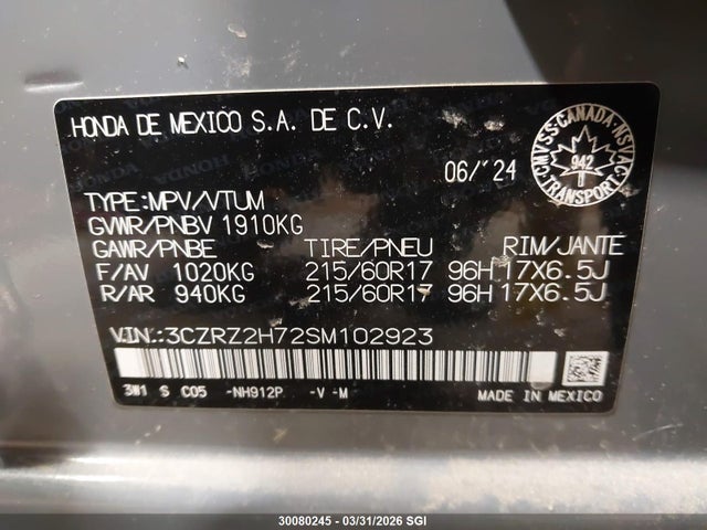 3CZRZ2H72SM102923 Honda Hr-v Exl