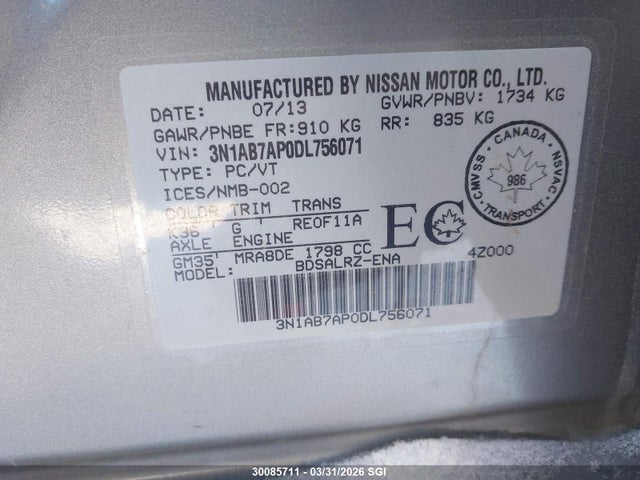 Продажа на аукционе авто 2013 Nissan Sentra S/sv/sr/sl, vin: 3N1AB7AP0DL756071, номер лота: 30085711