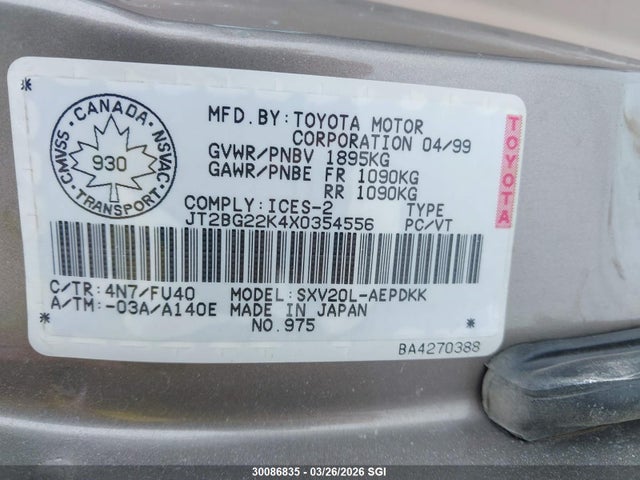 Aukcja sprzedaży 1999 Toyota Camry Le/xle, vin: JT2BG22K4X0354556, numer aukcji: 30086835