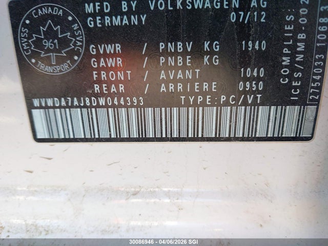 30086946 :رقم المزاد ، WVWDA7AJ8DW044393 vin ، 2013 Volkswagen Golf مزاد بيع