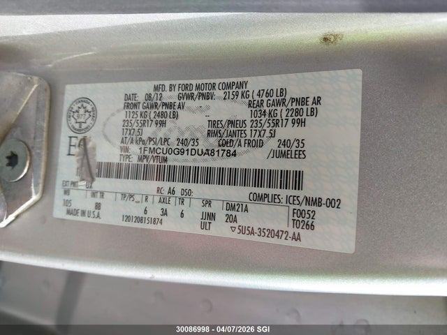 Продажа на аукционе авто 2013 Ford Escape Se, vin: 1FMCU0G91DUA81784, номер лота: 30086998