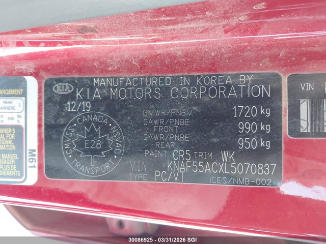 KNAF55ACXL5070837 KIA FORTE EX