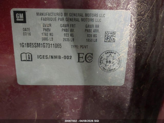 Aukcja sprzedaży 2016 Chevrolet Cruze Lt, vin: 1G1BE5SM1G7311065, numer aukcji: 30087002