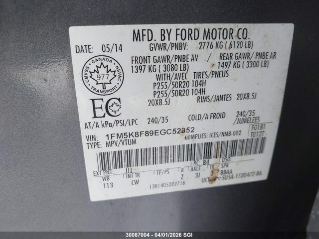 Aukcja sprzedaży 2014 Ford Explorer Limited, vin: 1FM5K8F89EGC52352, numer aukcji: 30087004
