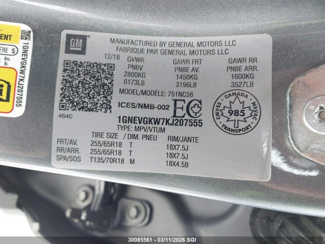 1GNEVGKW7KJ207555 Chevrolet Traverse Lt