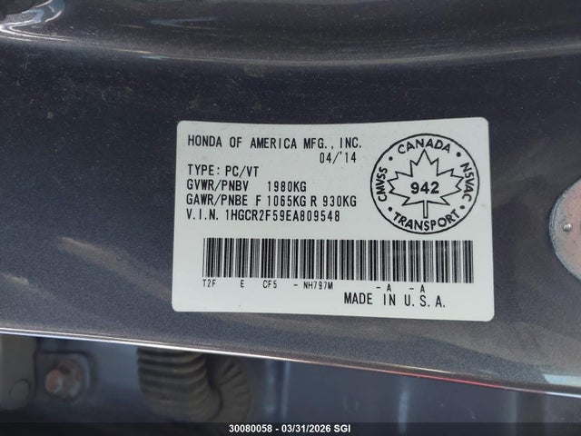 2014 Honda Accord Sedan მანქანა იყიდება აუქციონზე, vin: 1HGCR2F59EA809548, აუქციონის ნომერი: 30080058