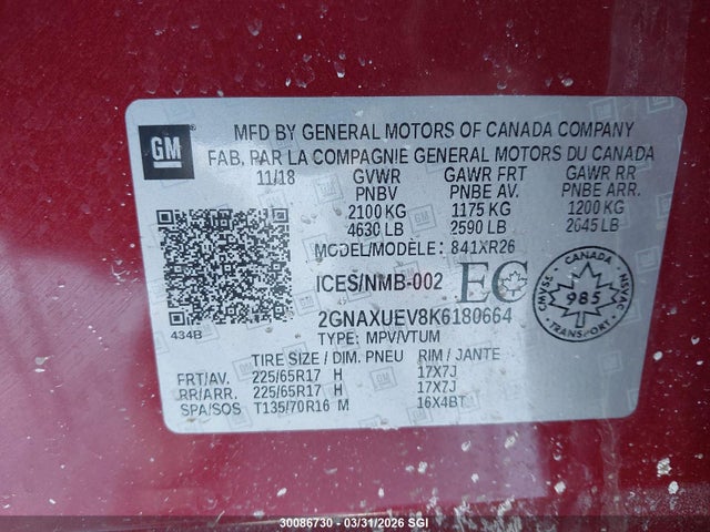 2GNAXUEV8K6180664 Chevrolet EQUINOX LT