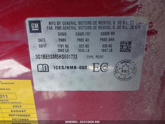 Продаж на аукціоні авто 2017 Chevrolet Cruze Lt, vin: 3G1BE5SM5HS601733, номер лоту: 30085803