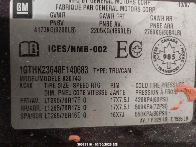 Aukcja sprzedaży 2008 Gmc Sierra K2500 Heavy Duty, vin: 1GTHK23648F140683, numer aukcji: 30082810