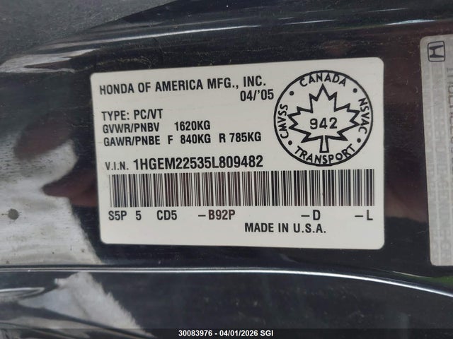 2005 Honda Civic Lx მანქანა იყიდება აუქციონზე, vin: 1HGEM22535L809482, აუქციონის ნომერი: 30083976