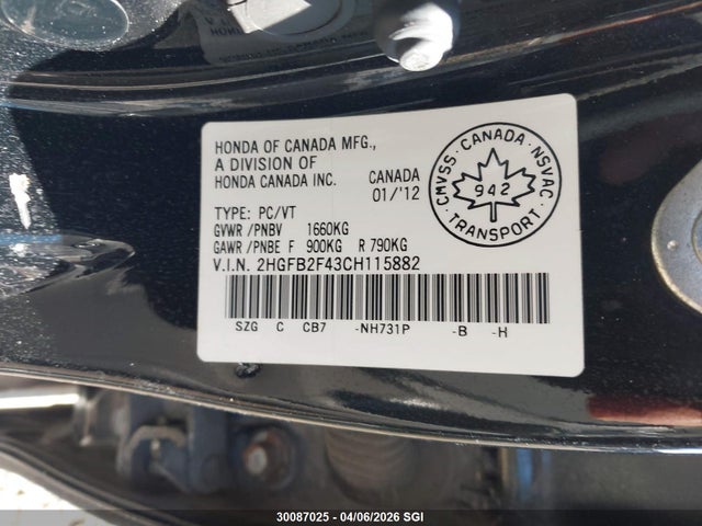 Продаж на аукціоні авто 2012 Honda Civic Lx, vin: 2HGFB2F43CH115882, номер лоту: 30087025