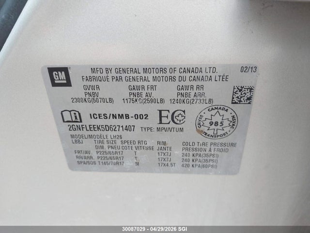 2013 Chevrolet Equinox Lt მანქანა იყიდება აუქციონზე, vin: 2GNFLEEK5D6271407, აუქციონის ნომერი: 30087029