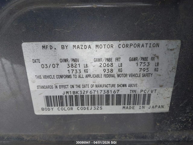 Aukcja sprzedaży 2007 Mazda 3 I, vin: JM1BK32F671738167, numer aukcji: 30086941