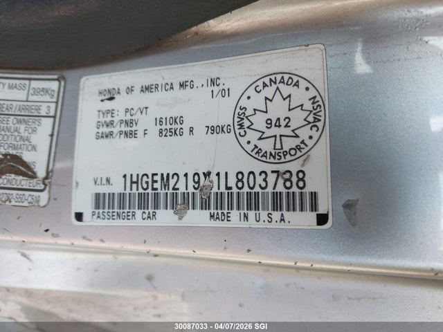 Aukcja sprzedaży 2001 Honda Civic Si/ex, vin: 1HGEM219X1L803788, numer aukcji: 30087033