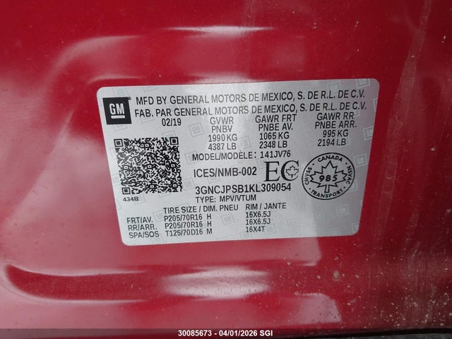Aukcja sprzedaży 2019 Chevrolet Trax 1lt, vin: 3GNCJPSB1KL309054, numer aukcji: 30085673