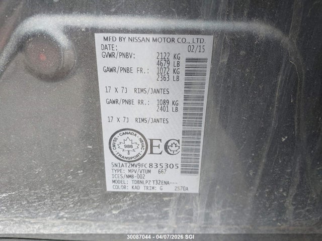 5N1AT2MV9FC835305 Nissan Rogue S/sl/sv
