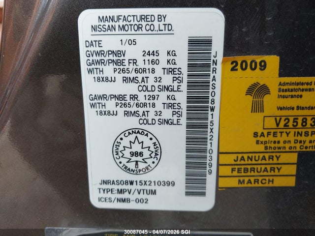 Продаж на аукціоні авто 2005 Infiniti Fx35, vin: JNRAS08W15X210399, номер лоту: 30087045