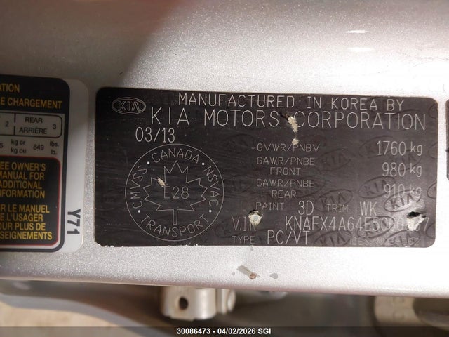 30086473 :رقم المزاد ، KNAFX4A64E5060807 vin ، 2014 Kia Forte 1.8l Lx/1.8l Lx+/1.8l Se مزاد بيع