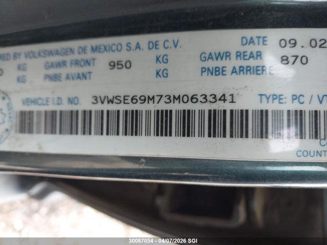 30087054 :رقم المزاد ، 3VWSE69M73M063341 vin ، 2003 Volkswagen Jetta Gls مزاد بيع