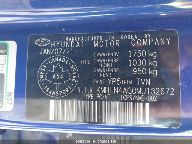 KMHLN4AG0MU132672 Hyundai ELANTRA SEL