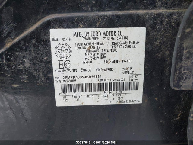 Aukcja sprzedaży 2018 Ford Edge Sel, vin: 2FMPK4J95JBB66281, numer aukcji: 30087043