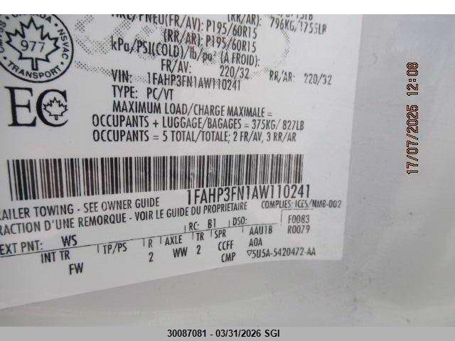2010 Ford Focus Se მანქანა იყიდება აუქციონზე, vin: 1FAHP3FN1AW110241, აუქციონის ნომერი: 30087081