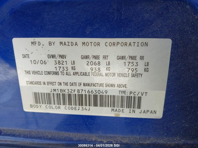 Aukcja sprzedaży 2007 Mazda 3 I, vin: JM1BK32F871663049, numer aukcji: 30086314