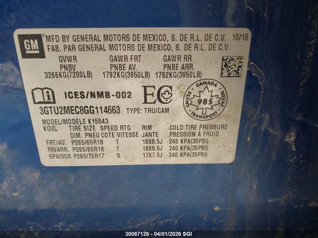 3GTU2MEC8GG114663 GMC Sierra K1500 Sle
