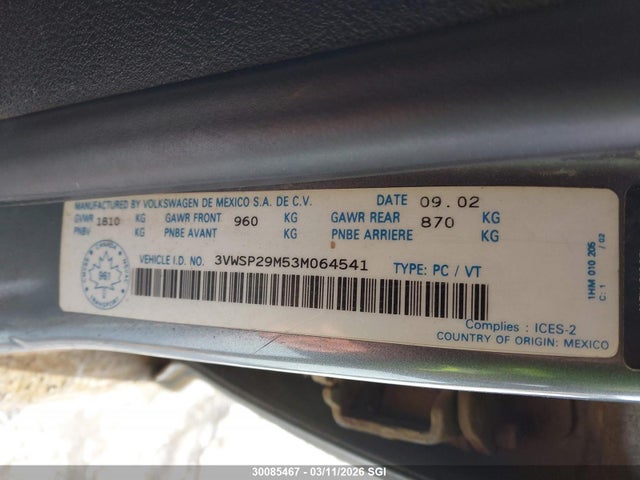 Продажа на аукционе авто 2003 Volkswagen Jetta Gls Tdi, vin: 3VWSP29M53M064541, номер лота: 30085467