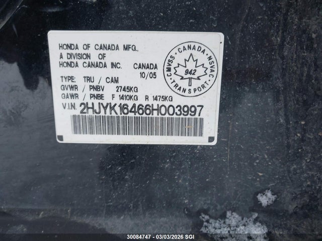 2006 Honda Ridgeline Rts მანქანა იყიდება აუქციონზე, vin: 2HJYK16466H003997, აუქციონის ნომერი: 30084747