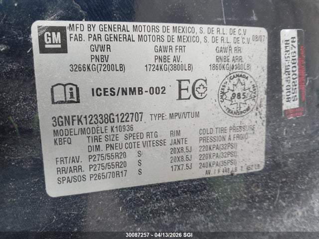 Aukcja sprzedaży 2008 Chevrolet Avalanche K1500, vin: 3GNFK12338G122707, numer aukcji: 30087257