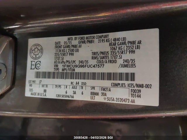 30085428 :رقم المزاد ، 1FMCU9G96FUC47577 vin ، 2015 Ford Escape Se مزاد بيع