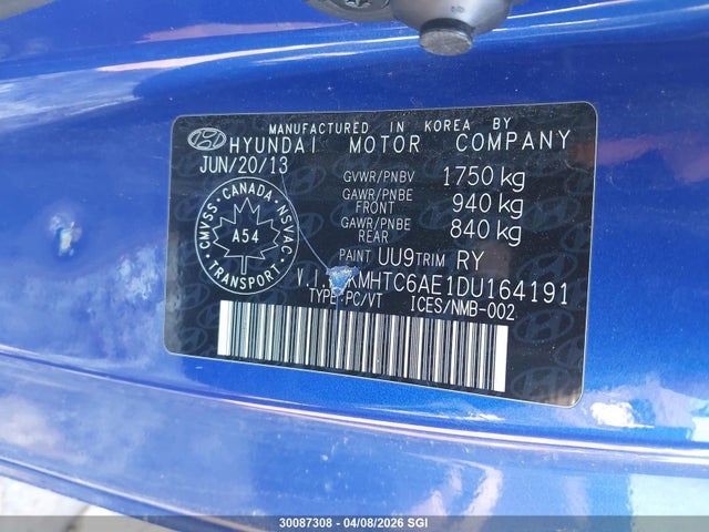 Продажа на аукционе авто 2013 Hyundai Veloster Turbo, vin: KMHTC6AE1DU164191, номер лота: 30087308
