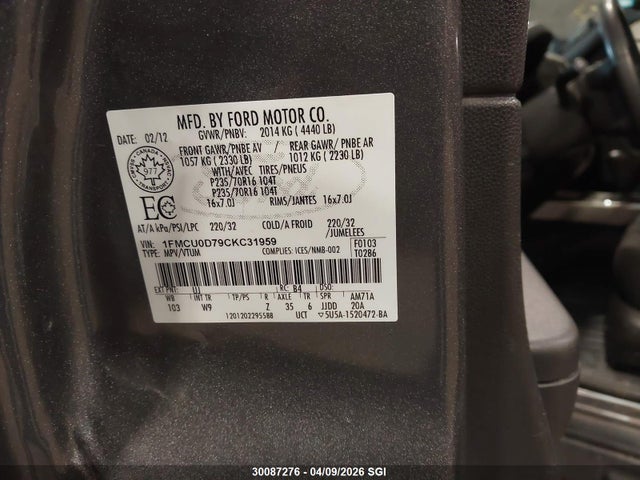 2012 Ford Escape Xlt მანქანა იყიდება აუქციონზე, vin: 1FMCU0D79CKC31959, აუქციონის ნომერი: 30087276