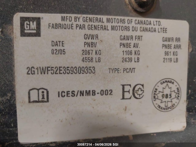 Aukcja sprzedaży 2005 Chevrolet Impala, vin: 2G1WF52E359309353, numer aukcji: 30087214