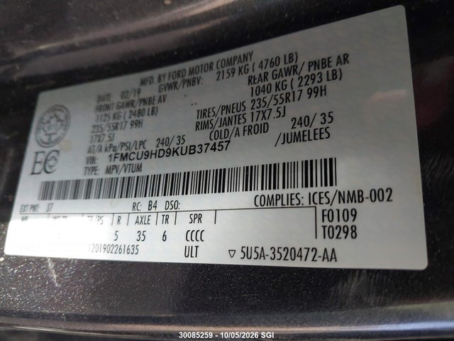 Ford ESCAPE SEL 2019 1FMCU9HD9KUB37457 Image 9