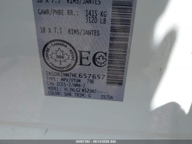 Aukcja sprzedaży 2017 Nissan Pathfinder S/sv/sl/platinum, vin: 5N1DR2MM7HC657657, numer aukcji: 30087382