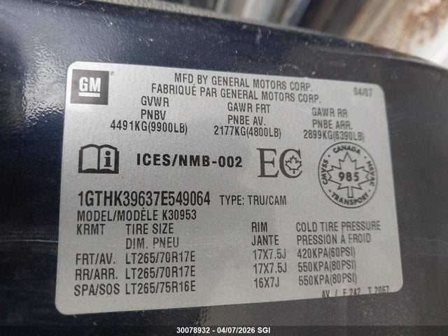 30078932 :رقم المزاد ، 1GTHK39637E549064 vin ، 2007 Gmc New Sierra K3500 مزاد بيع