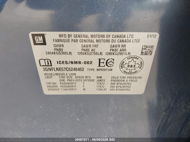 2012 Chevrolet Equinox Lt მანქანა იყიდება აუქციონზე, vin: 2GNFLNE57C6248462, აუქციონის ნომერი: 30087671