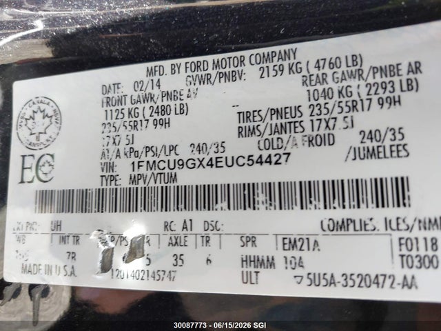 Продажа на аукционе авто 2014 Ford Escape Se, vin: 1FMCU9GX4EUC54427, номер лота: 30087773